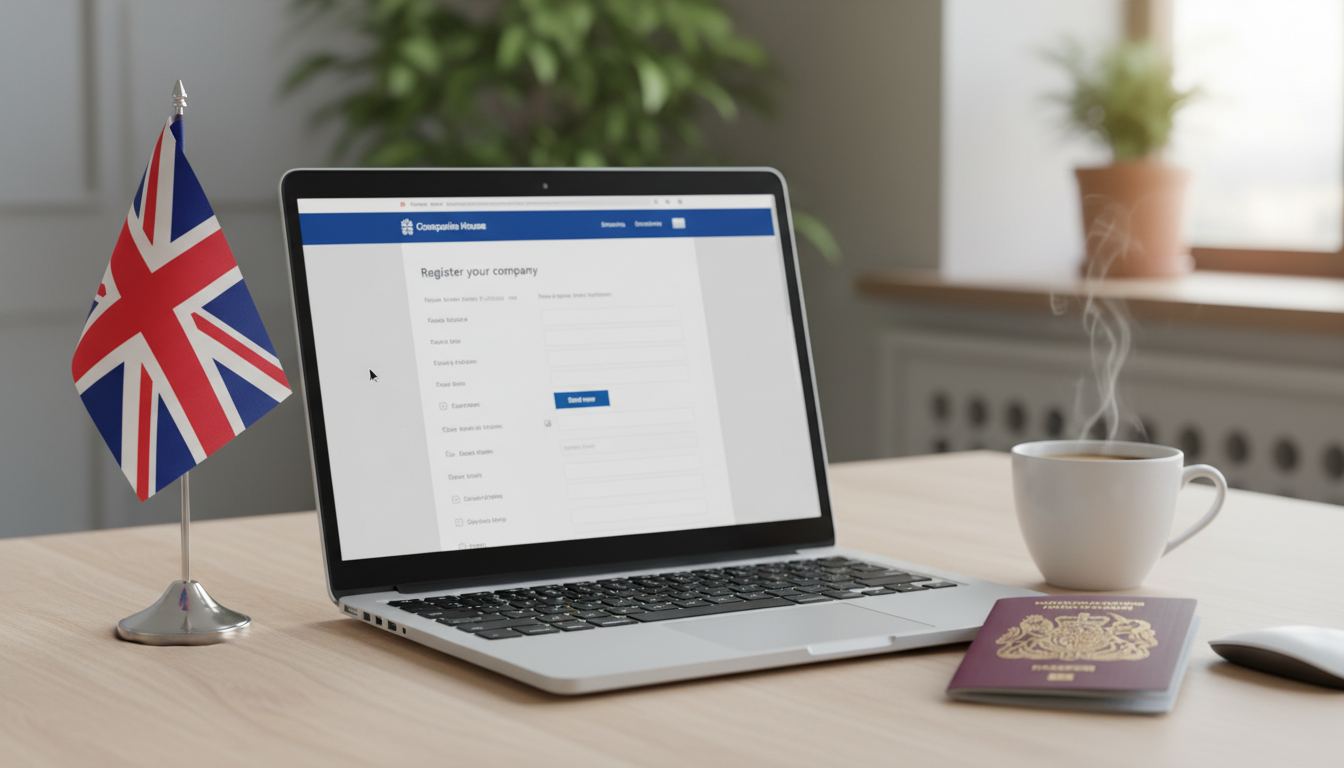 A photorealistic close-up of a modern workspace featuring a laptop screen displaying the Companies House registration page, a passport lying next to a cup of coffee, and a small Union Jack flag on the desk, emphasizing digital business formation.
