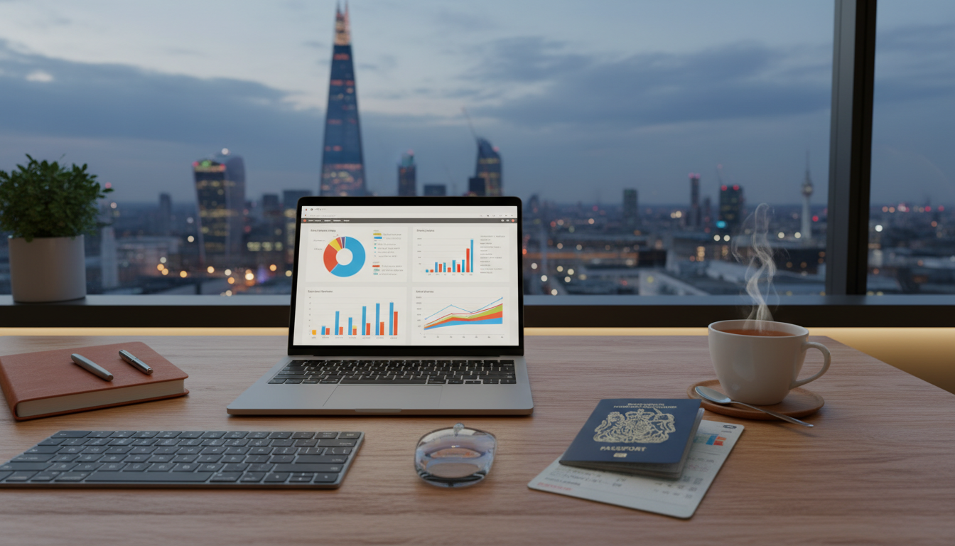 A professional, modern home office desk setup with a laptop displaying business charts, a UK passport, a cup of tea, and a blurred London city skyline in the background, photorealistic, 8k resolution