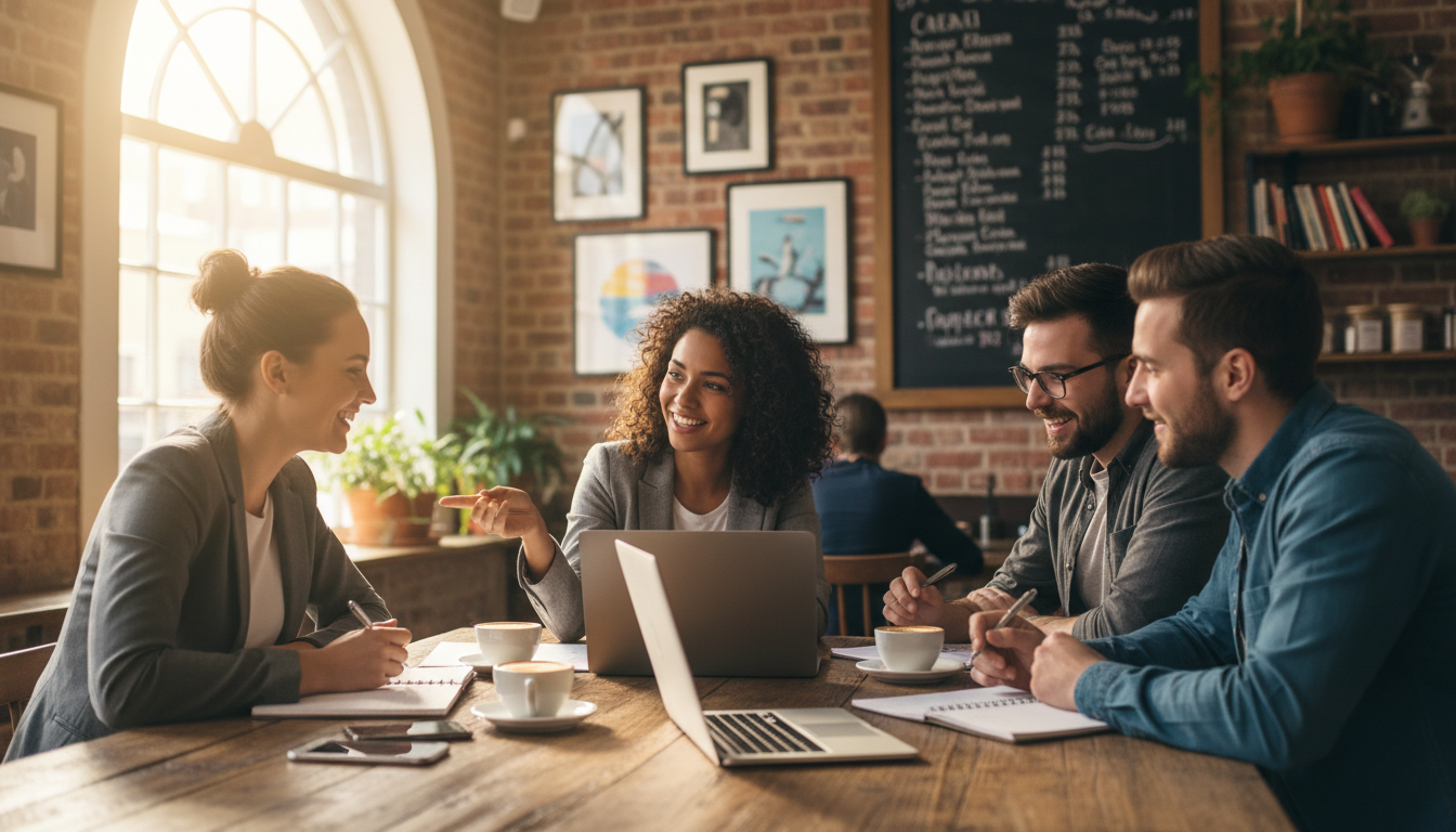A photorealistic, high-resolution image of a diverse group of young entrepreneurs brainstorming around a wooden table in a trendy, brick-walled coffee shop in London. There are laptops, notebooks, and cups of coffee on the table. Soft, natural light is streaming through a large window, creating a warm and inviting atmosphere. The focus is on a woman pointing at a laptop screen while others smile and take notes.