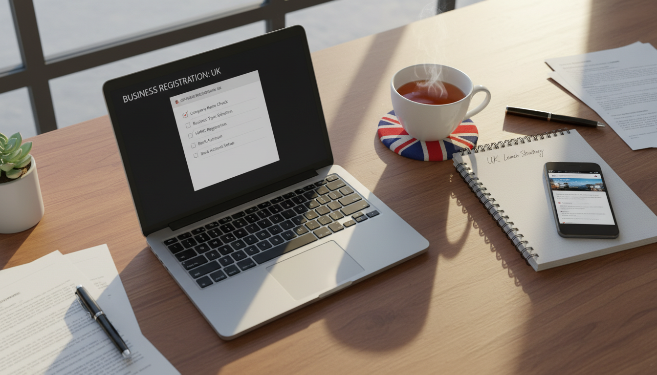 A photorealistic, high-angle shot of a modern workspace featuring a laptop displaying a business registration checklist, a notebook with 'UK Launch Strategy' handwritten on it, a Union Jack coaster with a cup of tea, and a smartphone, all bathed in warm, natural window light to symbolize a fresh business start.