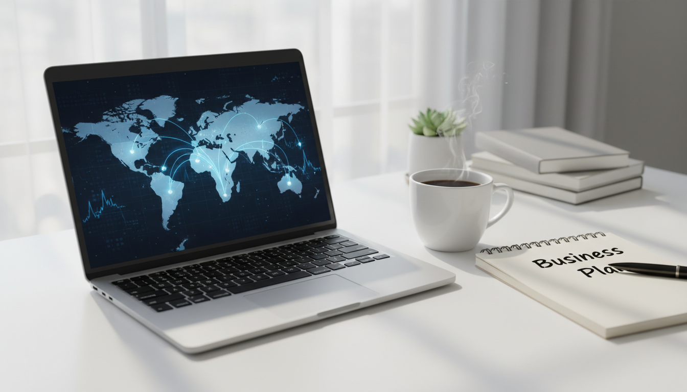 A photorealistic, high-quality image of a modern, tidy desk setup featuring a laptop displaying a map of the United Kingdom with digital connection lines spreading globally. Next to the laptop is a cup of coffee and a notebook with 'Business Plan' written on it. Soft, natural lighting from a nearby window creates a professional yet casual entrepreneurial atmosphere.