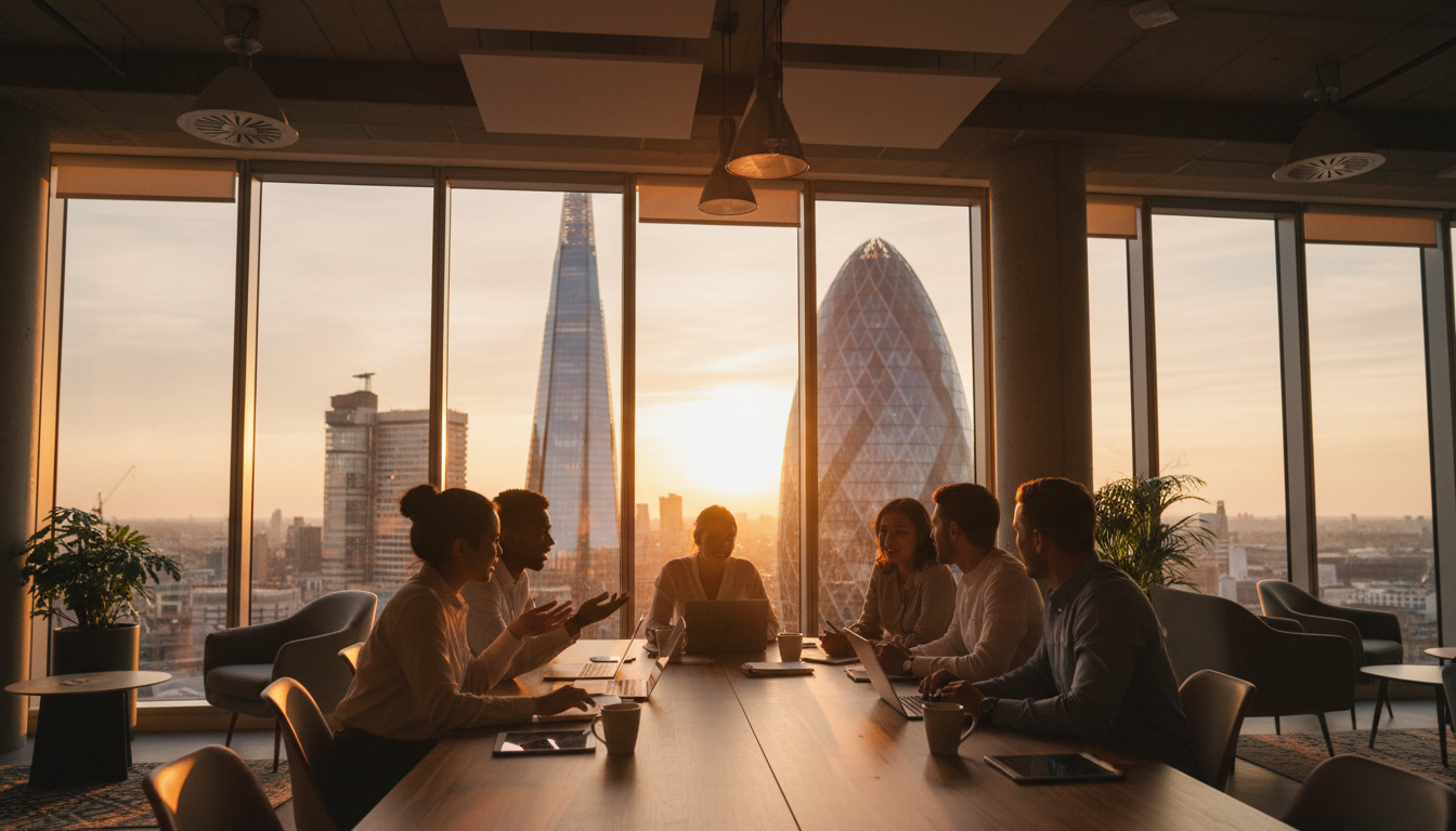 A photorealistic, wide-angle shot of a modern, open-plan coworking space in London with a view of the Shard and the Gherkin through floor-to-ceiling windows. A diverse group of young professionals, representing different ethnicities, are collaborating around a sleek wooden table with laptops, tablets, and coffee cups, bathed in warm, golden-hour sunlight representing opportunity.
