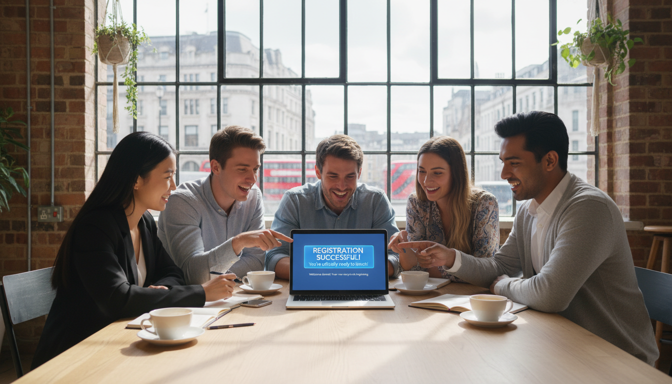 A photorealistic, high-quality image of a diverse group of young entrepreneurs gathered around a laptop in a modern, sunlit co-working space in London, pointing at a screen showing a 'Registration Successful' notification, coffee cups on the table, casual business attire.
