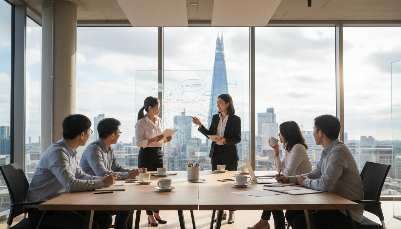 A diverse group of young entrepreneurs brainstorming in a modern, sunlit office in London with a view of the Shard through the window, whiteboard with diagrams, coffee cups on the table, photorealistic, high resolution