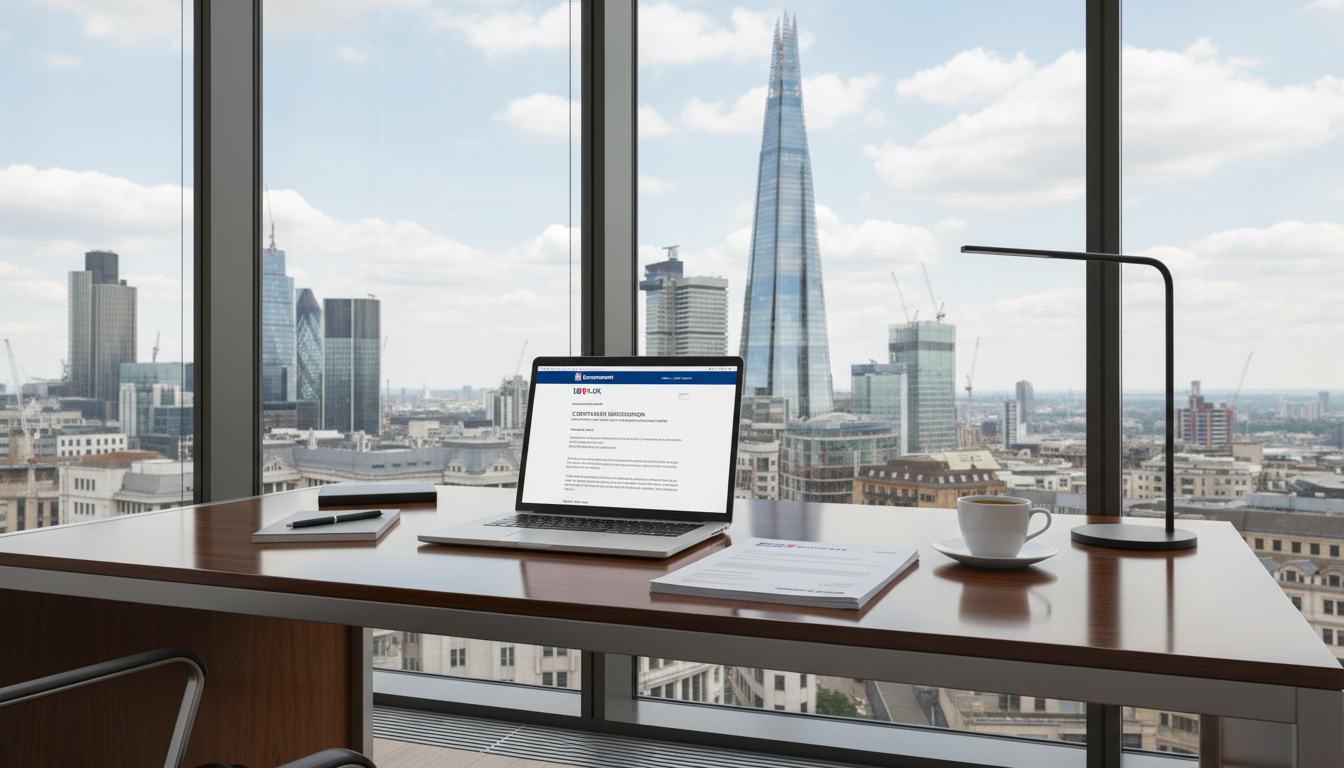 A photorealistic image of a modern, sleek office desk in London with a view of the City of London skyline, specifically The Shard, through a large glass window. On the desk, there are incorporation documents, a laptop displaying a 'UK Government' webpage, and a cup of coffee, creating a professional business atmosphere.