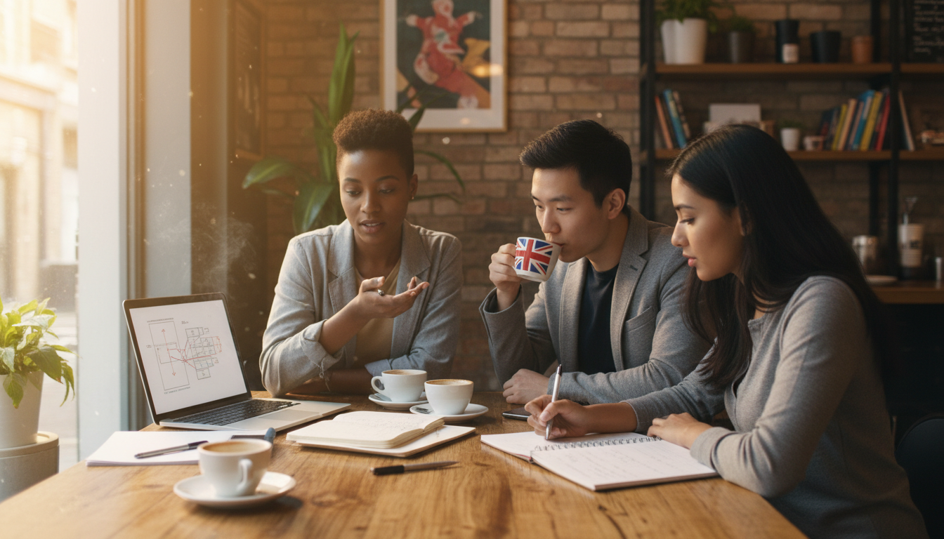 A modern, diverse group of three young entrepreneurs sitting around a wooden table in a stylish London coffee shop, brainstorming over a laptop and notebooks with a Union Jack mug visible, warm lighting, photorealistic style, 8k resolution